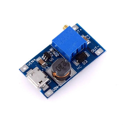 HW-183 Adjustable Voltage Booster for Devices and Charging compact blue DC-DC boost module with microUSB input and adjustable potentiometer