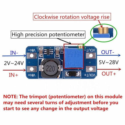 HW-183 Adjustable Voltage Booster for Devices and Charging board showing input/output labels, potentiometer and coil for DIY voltage step-up