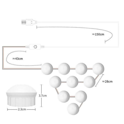 Adjustable Light Mirror for Everyday Makeup Routines showing bulb layout, dimensions (≈28cm, ≈43cm), 150cm cord and touch dimming control