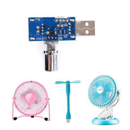 Compact USB Fan Speed Regulator for Home and Office Cooling - USB knob controller with circuit board shown above small portable fans