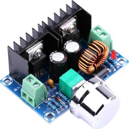 Adjustable DC-DC Buck Converter for Voltage Regulation Projects showing XL4016 module with heatsinks, inductors, caps and adjustable knob