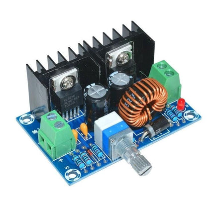 Adjustable DC-DC Buck Converter for Voltage Regulation Projects showing XL4016 module with heatsinks, inductor, adjustable potentiometer