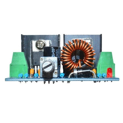 Adjustable DC-DC Buck Converter for Voltage Regulation Projects front view showing coil, potentiometer, heatsinks and terminal blocks