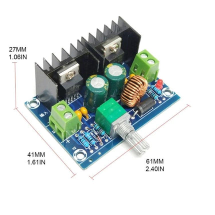 Adjustable DC-DC Buck Converter for Voltage Regulation Projects small PCB module with heatsinks, capacitors, inductor and adjustable potentiometer