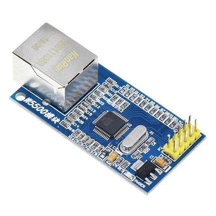 W5500 Ethernet Network Module for Device Internet Connectivity - blue PCB with RJ45 jack and pin header for microcontroller IoT projects