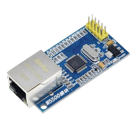W5500 Ethernet Network Module for Device Internet Connectivity - blue PCB module with RJ45 jack and header for microcontroller IoT projects