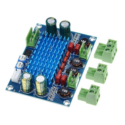Digital Power Amplifier Board for Audio Projects and Systems - TPA3116 DIY audio amplifier board with heatsink, capacitors, and speaker connectors