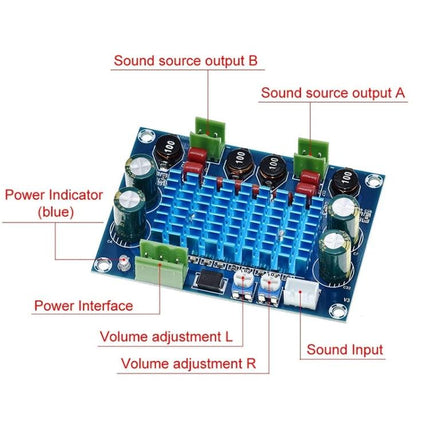 Digital Power Amplifier Board for Audio Projects and Systems - TPA3116 module with heat sink, power interface, sound input and volume controls