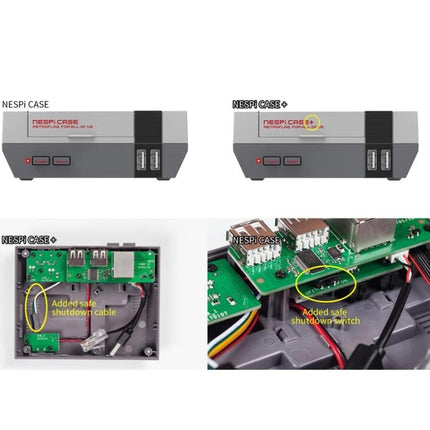 Retroflag NESPi Case for Raspberry Pi with LED Indicator showing front view, power/reset buttons and internal safe shutdown cable