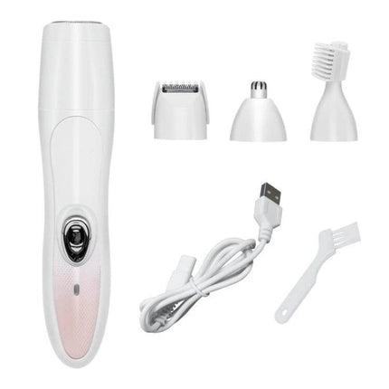 Pink Floral 4 In 1 Epilator And Shaver For Women At Home compact white device with four heads, USB cable and cleaning brush for full body grooming