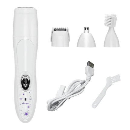 Pink Floral 4 In 1 Epilator And Shaver For Women At Home showing white device, four detachable heads, USB charging cable and cleaning brush