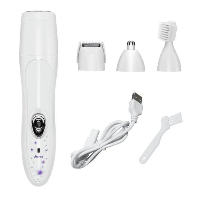 Pink Floral 4 In 1 Epilator And Shaver For Women At Home showing white device, four detachable heads, USB charging cable and cleaning brush