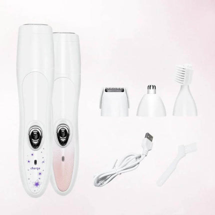 Pink Floral 4 In 1 Epilator And Shaver For Women At Home compact white device with four heads, USB cable and cleaning brush for full-body grooming