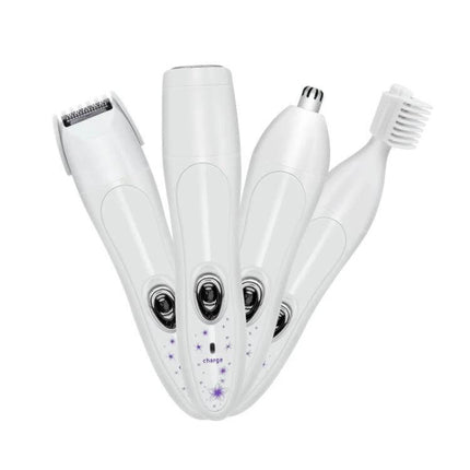 Pink Floral 4 In 1 Epilator And Shaver For Women At Home - compact white grooming kit showing epilator, shaver, trimmer and nose/ear attachment