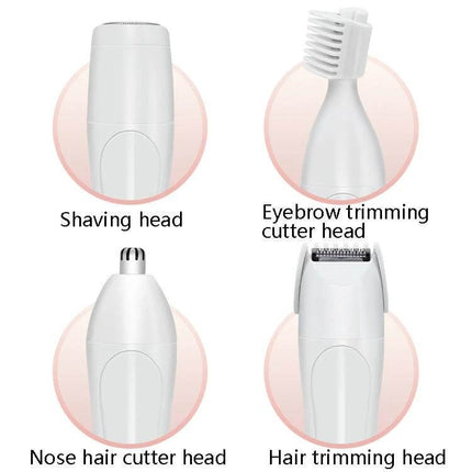 Pink Floral 4 In 1 Epilator And Shaver For Women At Home showing shaving, eyebrow trimming, nose hair cutter and hair trimming heads
