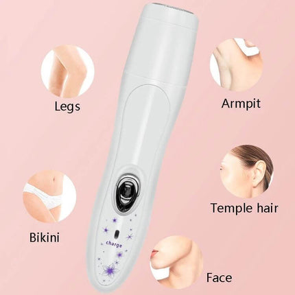 Pink Floral 4 In 1 Epilator And Shaver For Women At Home showing device with icons for legs, armpit, bikini, temple hair and face