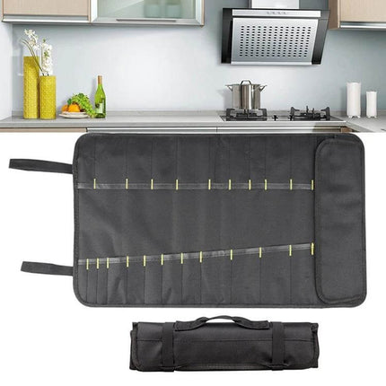 Chef Knife Storage Bag, Portable Reel Style For Everyday Use, Black – Waterproof Oxford roll-up knife case for travel and home