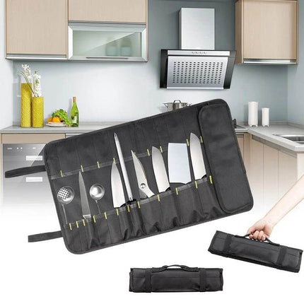 Chef Knife Storage Bag, Portable Reel Style For Everyday Use, Black - Waterproof Oxford knife roll with multiple pockets for travel and home
