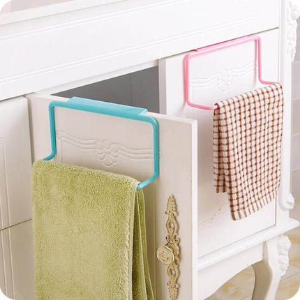 White Cabinet Door Towel Rack for Kitchen and Bath hanging on cabinet door holding hand and dish towels, tool-free hook-on organizer in white