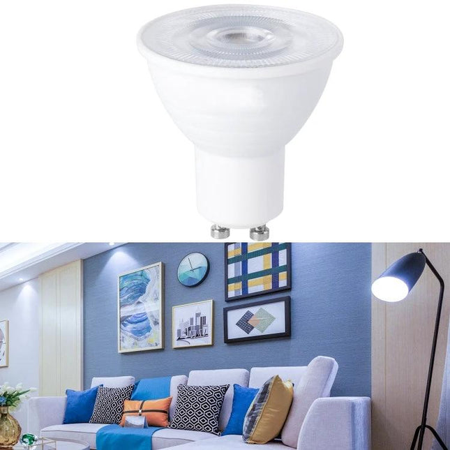 Energy-Saving LED Bulb for Everyday Household Lighting - GU10 LED bulb shown illuminating a modern living room with warm and cool white options