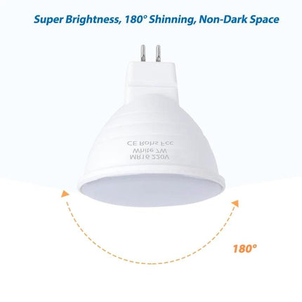 Energy-Saving LED Bulb for Everyday Household Lighting - white GU5.3 spotlight showing 180° beam, warm and cool white options, energy-efficient