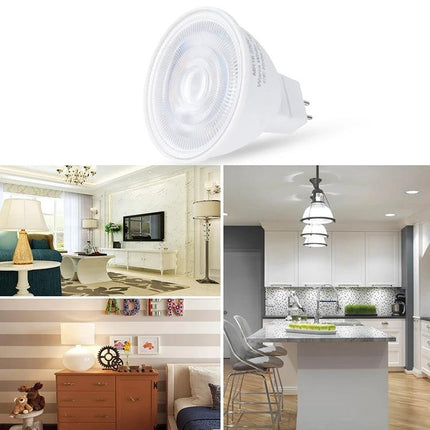 Energy-Saving LED Bulb for Everyday Household Lighting shown with warm and cool white home scenes for kitchen, living room and bedroom illumination