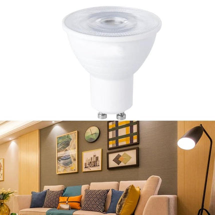 Energy-Saving LED Bulb for Everyday Household Lighting shown next to a cozy living room scene with warm and cool white options