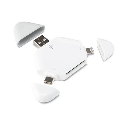 LCOP 5-in-1 Triangular OTG Card Reader for Phones and Computers white triangular reader with USB, Lightning and USB-C connectors and SD slot