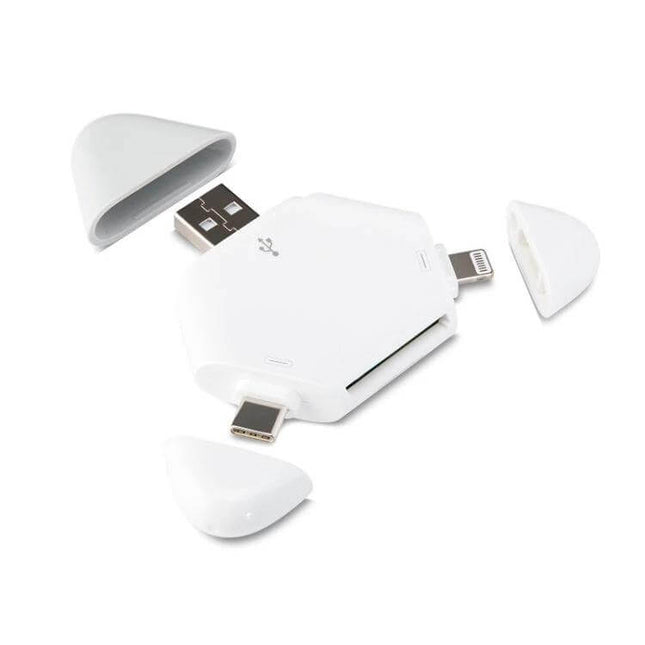 LCOP 5-in-1 Triangular OTG Card Reader for Phones and Computers white triangular reader with USB, Lightning and USB-C connectors and SD slot