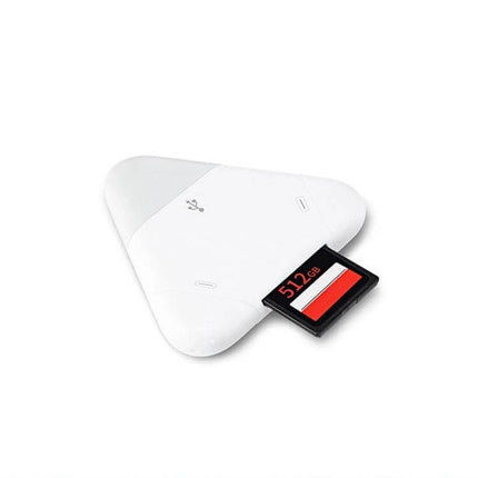 LCOP 5-in-1 Triangular OTG Card Reader for Phones and Computers – white triangular card reader with 512GB SD card inserted for mobile and laptop file transfer