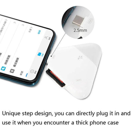 LCOP 5-in-1 Triangular OTG Card Reader for Phones and Computers showing slim 2.5mm plug and SD card access for phones with thick cases