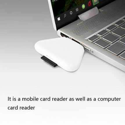 Alt Tag: LCOP 5-in-1 Triangular OTG Card Reader for Phones and Computers plugged into a laptop USB port for mobile and computer SD access