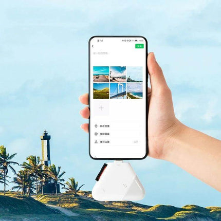 LCOP 5-in-1 Triangular OTG Card Reader for Phones and Computers connected to smartphone showing photo thumbnails, white triangular reader plugged into phone
