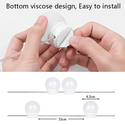LED Light for Everyday Makeup and Grooming at Home showing hands installing small adhesive base and bulb spacing diagram