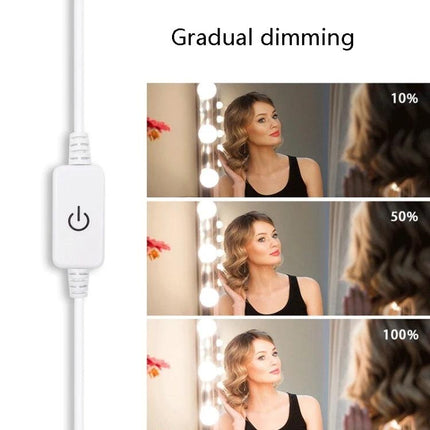 LED Light for Everyday Makeup and Grooming at Home showing touch-sensitive dimming at 10%, 50%, 100% with vanity mirror setup
