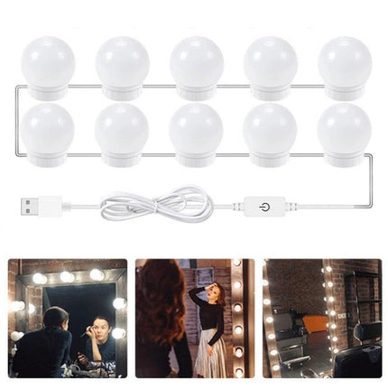 LED Light for Everyday Makeup and Grooming at Home - USB touch lamp strip with 10 round bulbs for mirror vanity lighting, true-color illumination