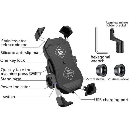 Kewig Four-Claw Motorcycle Phone Mount for On the Go Rides with four-jaw clamp, silicone pads, USB charging port and mirror bracket shown