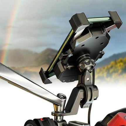 Kewig Four-Claw Motorcycle Phone Mount for On the Go Rides securely mounted on motorcycle handlebar with four-jaw clamp and silicone pads