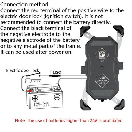 Kewig Four-Claw Motorcycle Phone Mount for On the Go Rides showing 12V-24V wiring diagram with fuse and four-jaw clamp