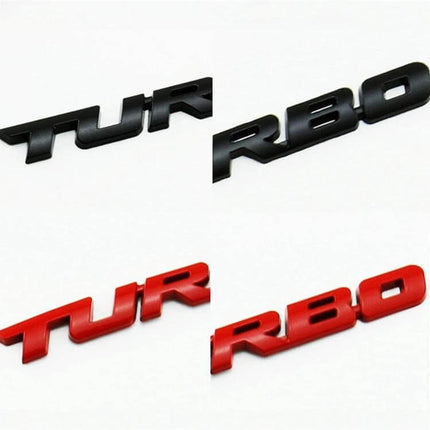 Set of 8 Metal Turbo Car Stickers for Sports Vehicle Decoration - 3D zinc alloy TURBO emblems in black and red, weatherproof car badge set
