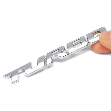 Set of 8 Metal Turbo Car Stickers for Sports Vehicle Decoration - chrome 3D TURBO zinc alloy emblem held by fingers, adhesive backing