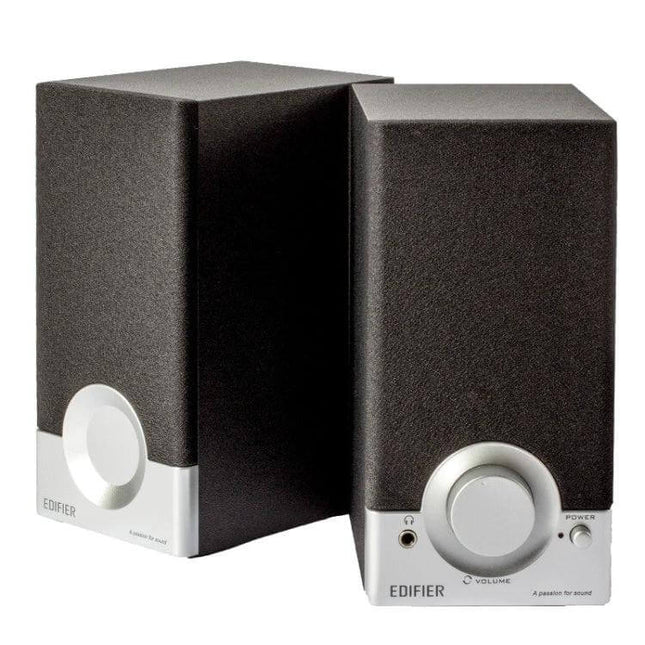 Edifier Compact Wooden Desktop Speaker With 3.5mm Jack shown as compact black wooden desktop speakers with volume knob