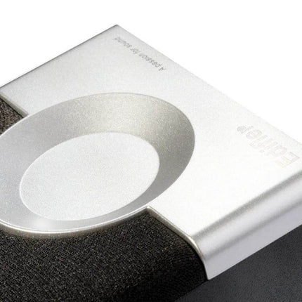 Edifier Compact Wooden Desktop Speaker With 3.5mm Jack close-up of silver control top and fabric front for compact desk audio