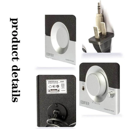 Edifier Compact Wooden Desktop Speaker With 3.5mm Jack shown compact silver wooden desktop speaker with volume knob