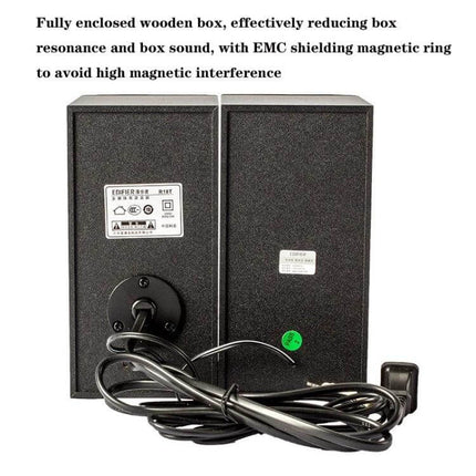 Edifier Compact Wooden Desktop Speaker With 3.5mm Jack rear view showing enclosed wooden boxes, cable and EMC shielding label