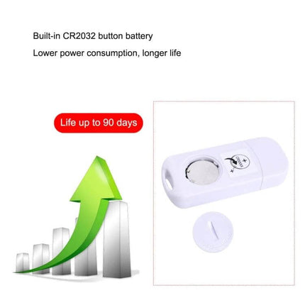 Digital USB Temperature Data Logger for Cold Storage compact white unit with CR2032 battery compartment, 90-day life indicator