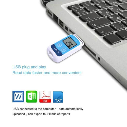 Digital USB Temperature Data Logger for Cold Storage plugged into laptop USB port showing temperature display and export icons
