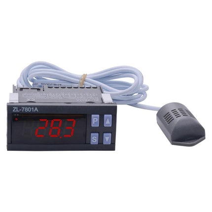 Automatic Temperature and Humidity Controller for Indoor Use digital panel with probe showing 28.3°C for greenhouse server room monitoring