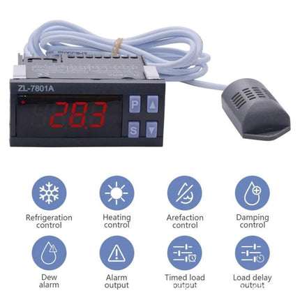 Automatic Temperature and Humidity Controller for Indoor Use digital controller with probe, LED display showing 28.3°C for greenhouse/server room climate control