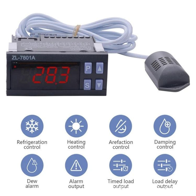 Automatic Temperature and Humidity Controller for Indoor Use digital controller with probe, LED display showing 28.3°C for greenhouse/server room climate control